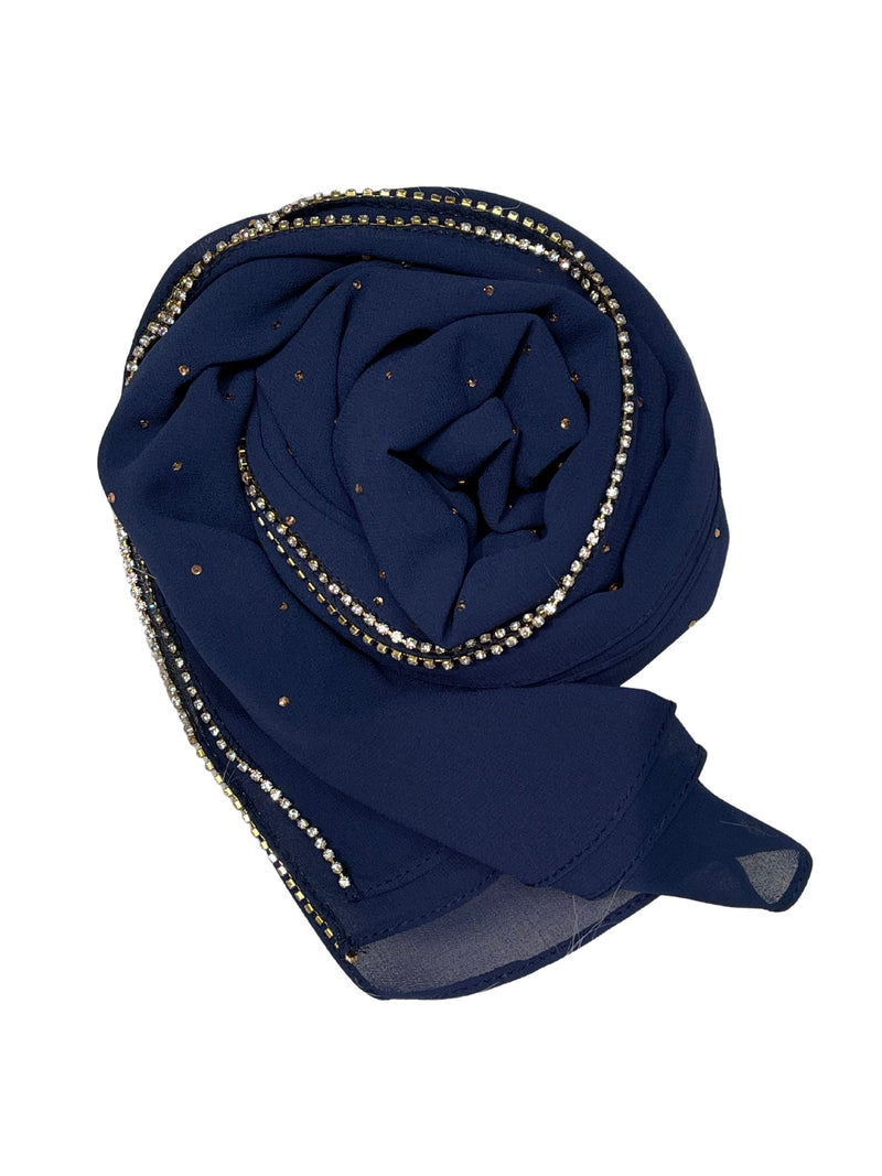 Navy Blue Luxury Rhinestone Chiffon Hijab
