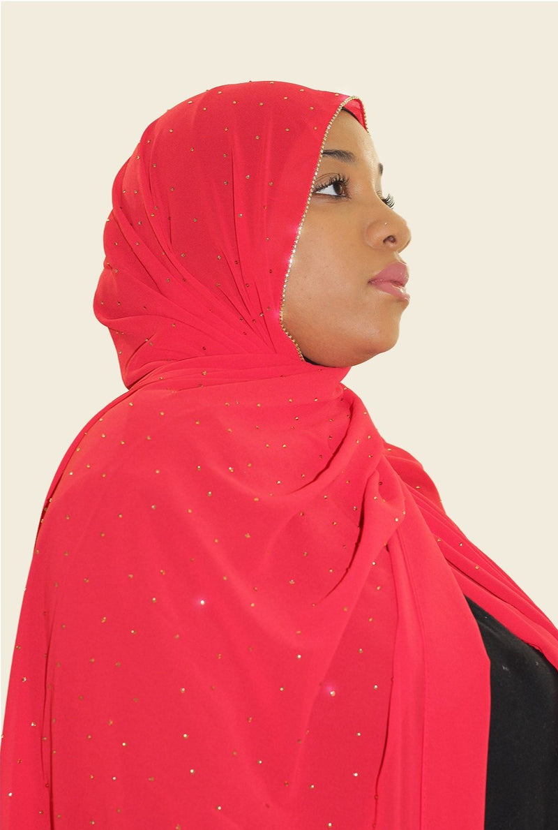 Scarlet Red Luxury Rhinestone Chiffon Hijab